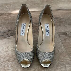 Jimmy Choo Glitter Fabric & Gold Peep Toe Pumps